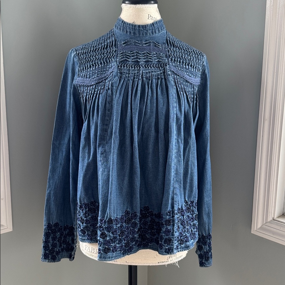 Needle & Thread pintucked embroidered denim high neck blouse EUC size small - Picture 3 of 12